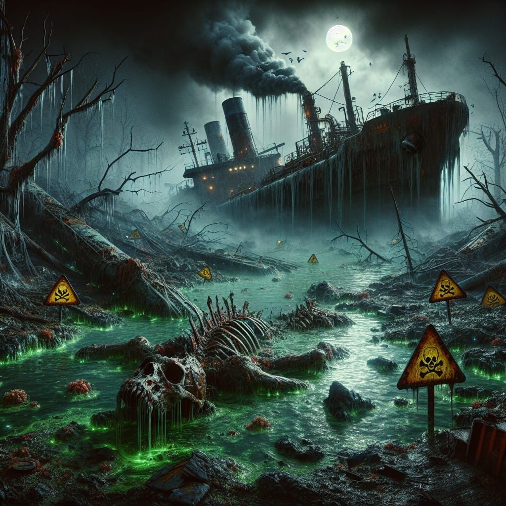 Mutant Creature in Polluted Swamp at Night