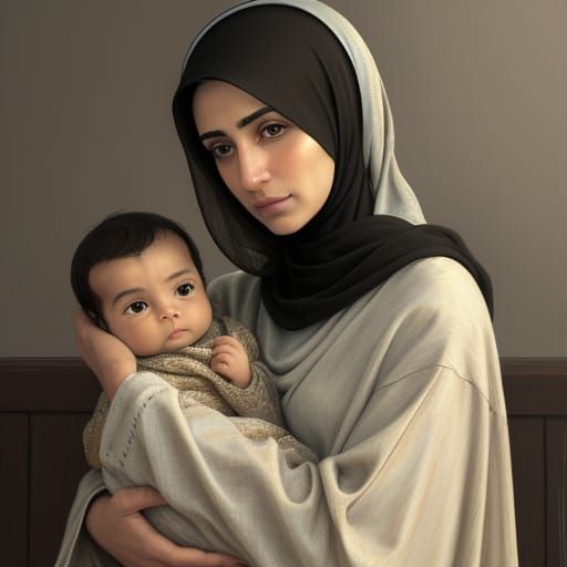 Oil Painting of Mariam Holding a Baby Boy in Warm Light