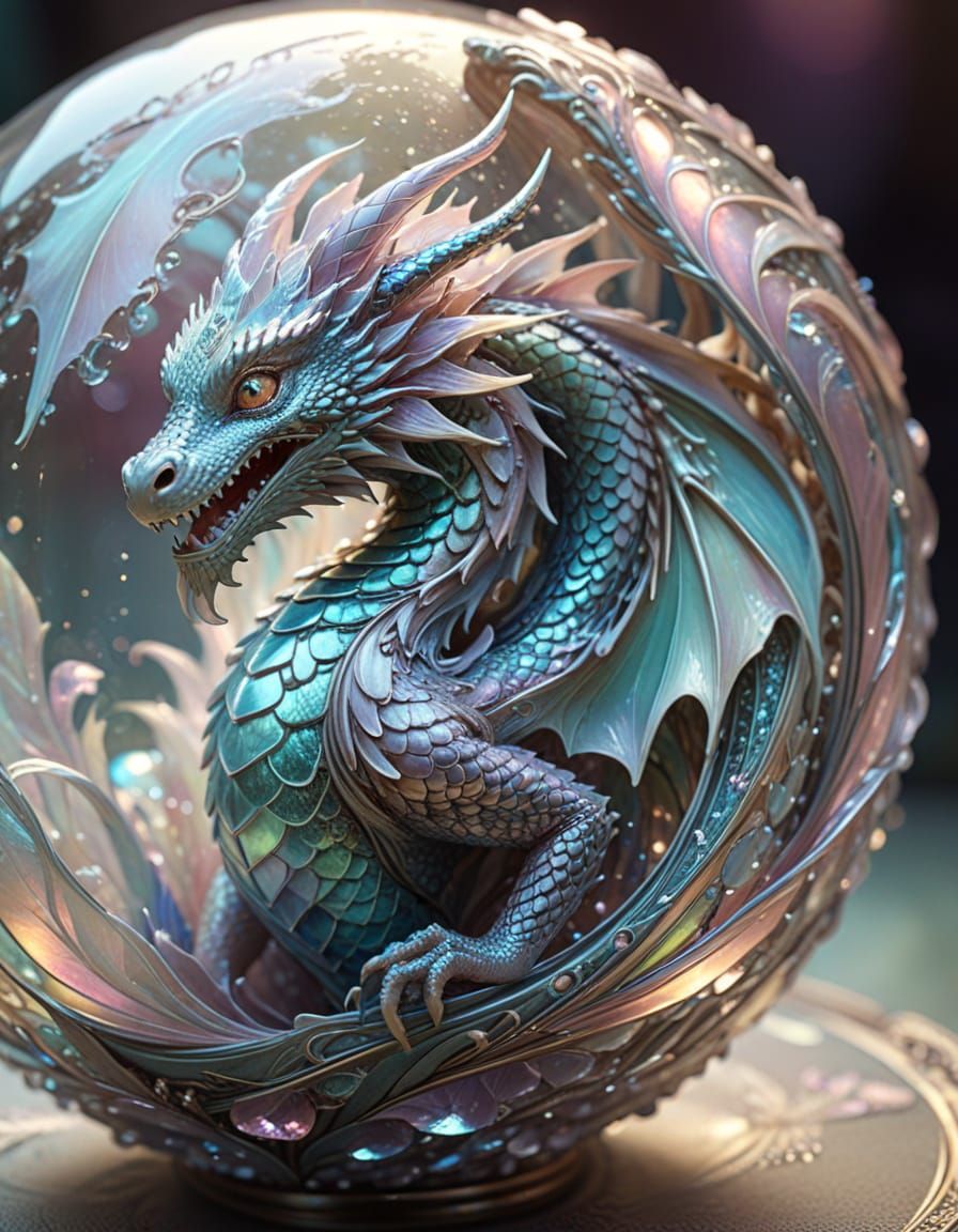 Opalescent Dragon on Orb in Art Nouveau Style