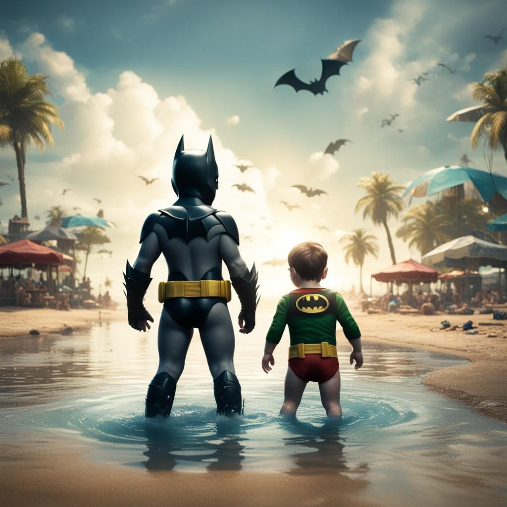 Baby Batman and Joker on a Sunny Beach