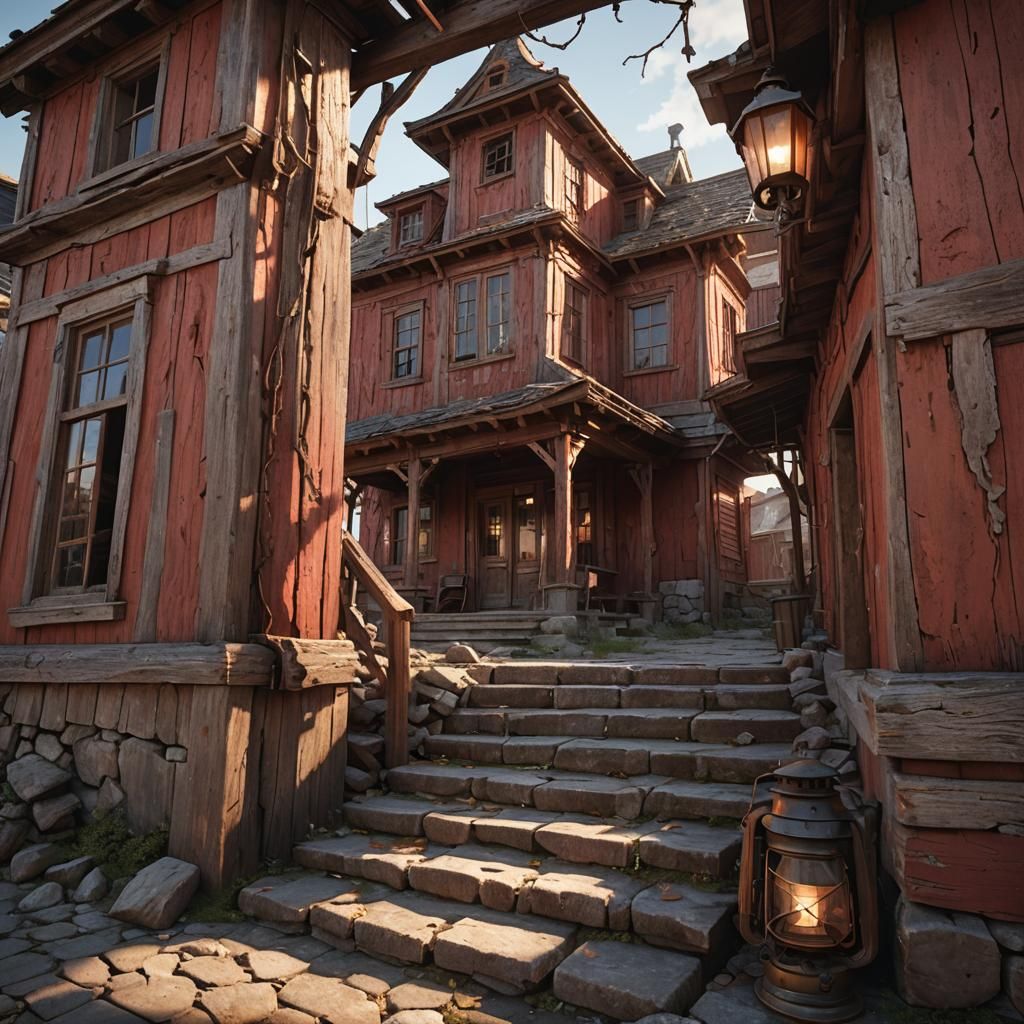 Weathered Building with Rusty Lantern in Fantasy Scene