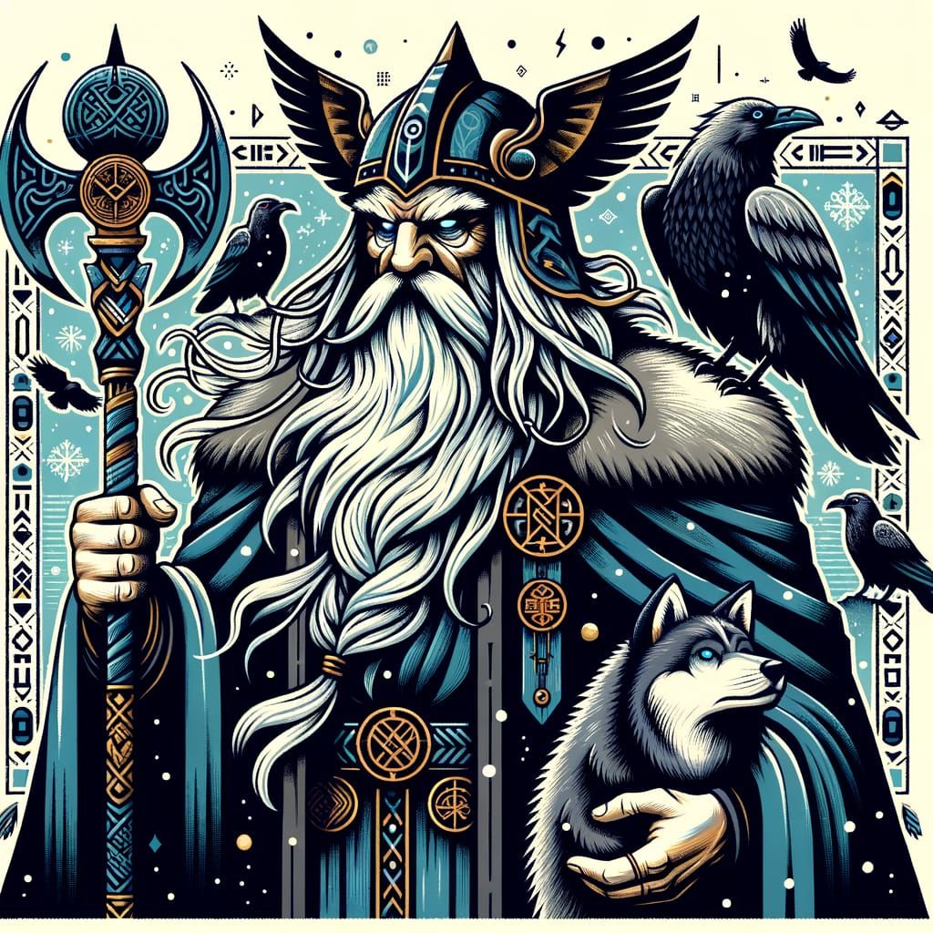 Odin, Supreme God of Nordic Mythology in Cartoon Style