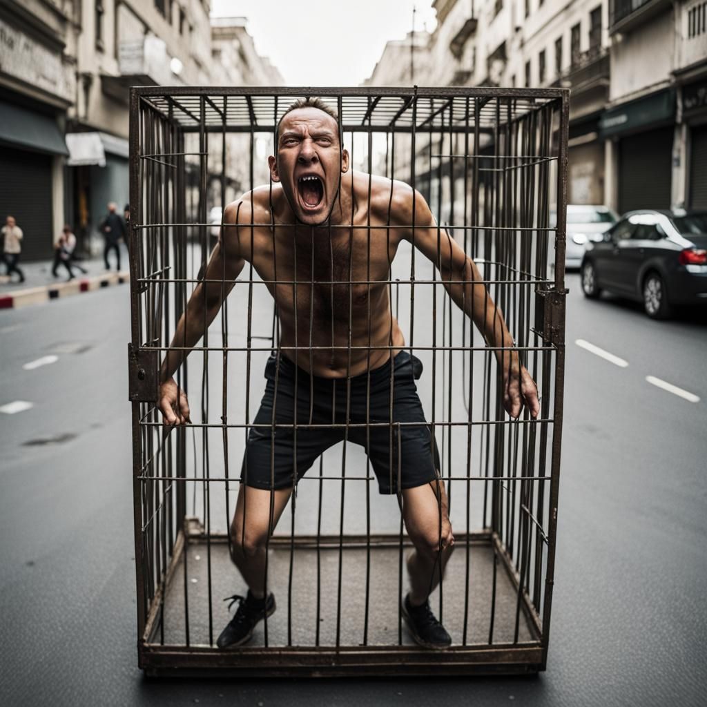 Man Screaming in Cage on Street