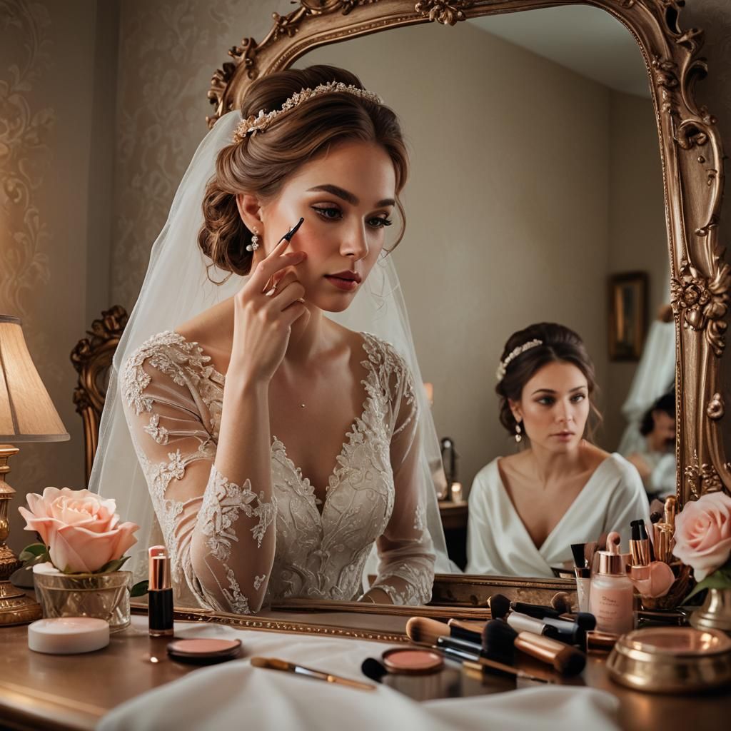 Glamorous Bride Applying Makeup as Oil Painting
