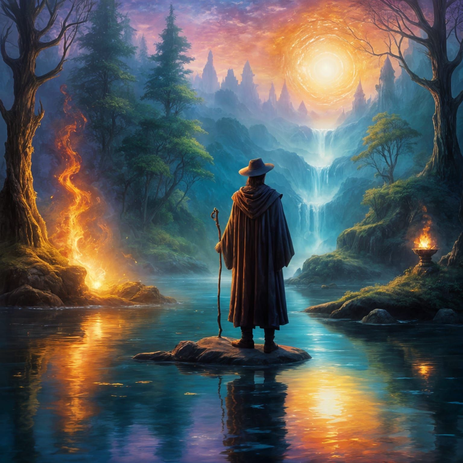 Fantasy illustration. Medium shot. A sorcerer stands beside ...