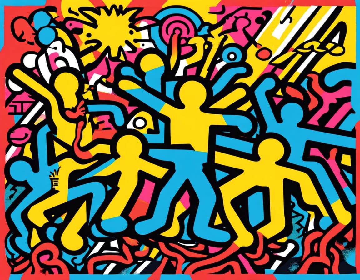 Graffiti-Inspired Mural with Cartoon Figures in Haring Style