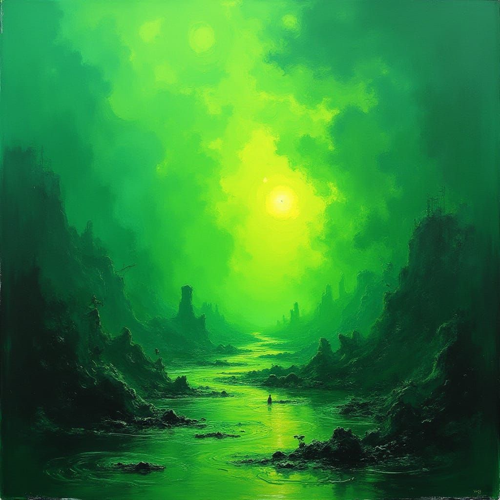 Vibrant Green Landscape in Turmoil, Digital Art
