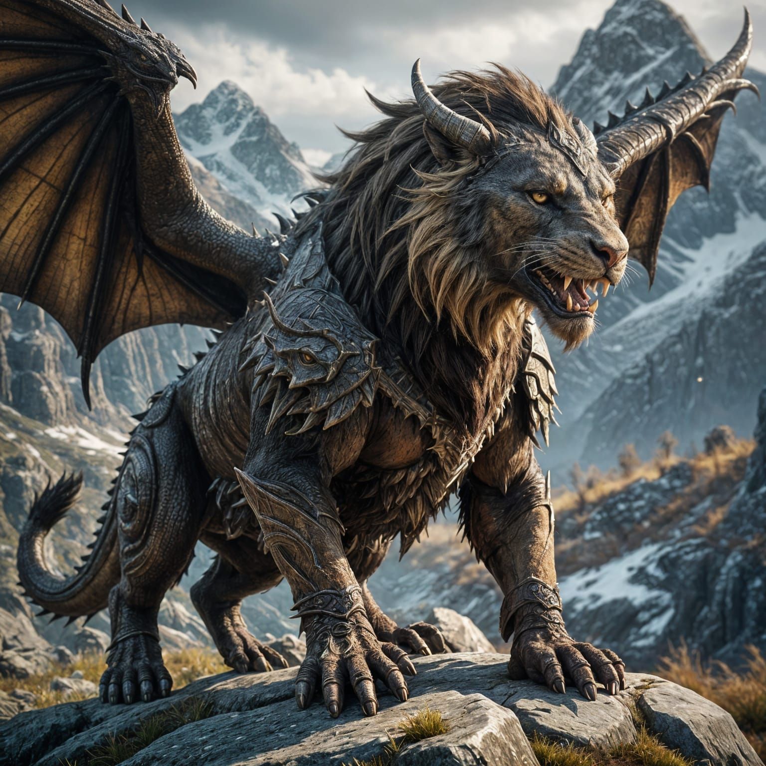 Realistic Skyrim-Style Brown Dragon-Lion Hybrid Concept Art