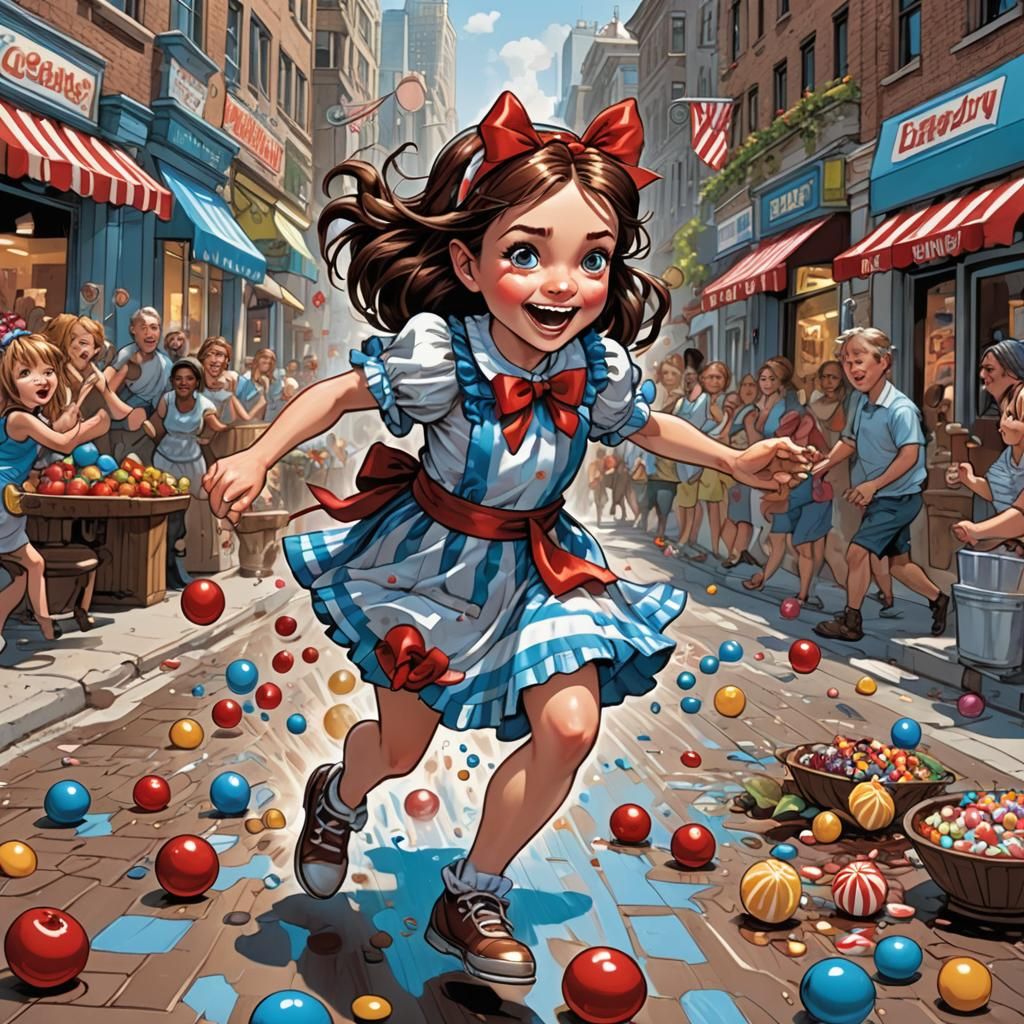 Candy Wonderland Cityscape with Girl, Comic Book Art