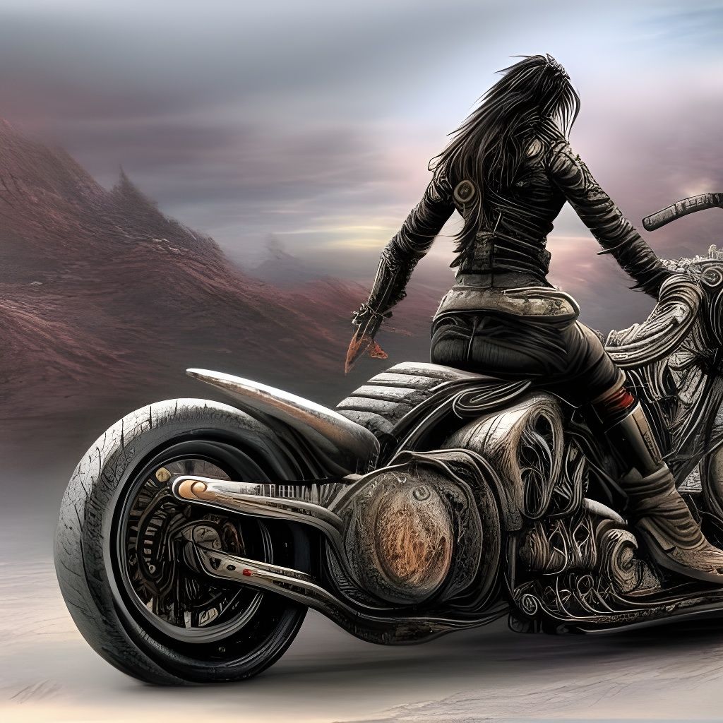 Female Biker Rides Chopper in Post-Apocalyptic Landscape