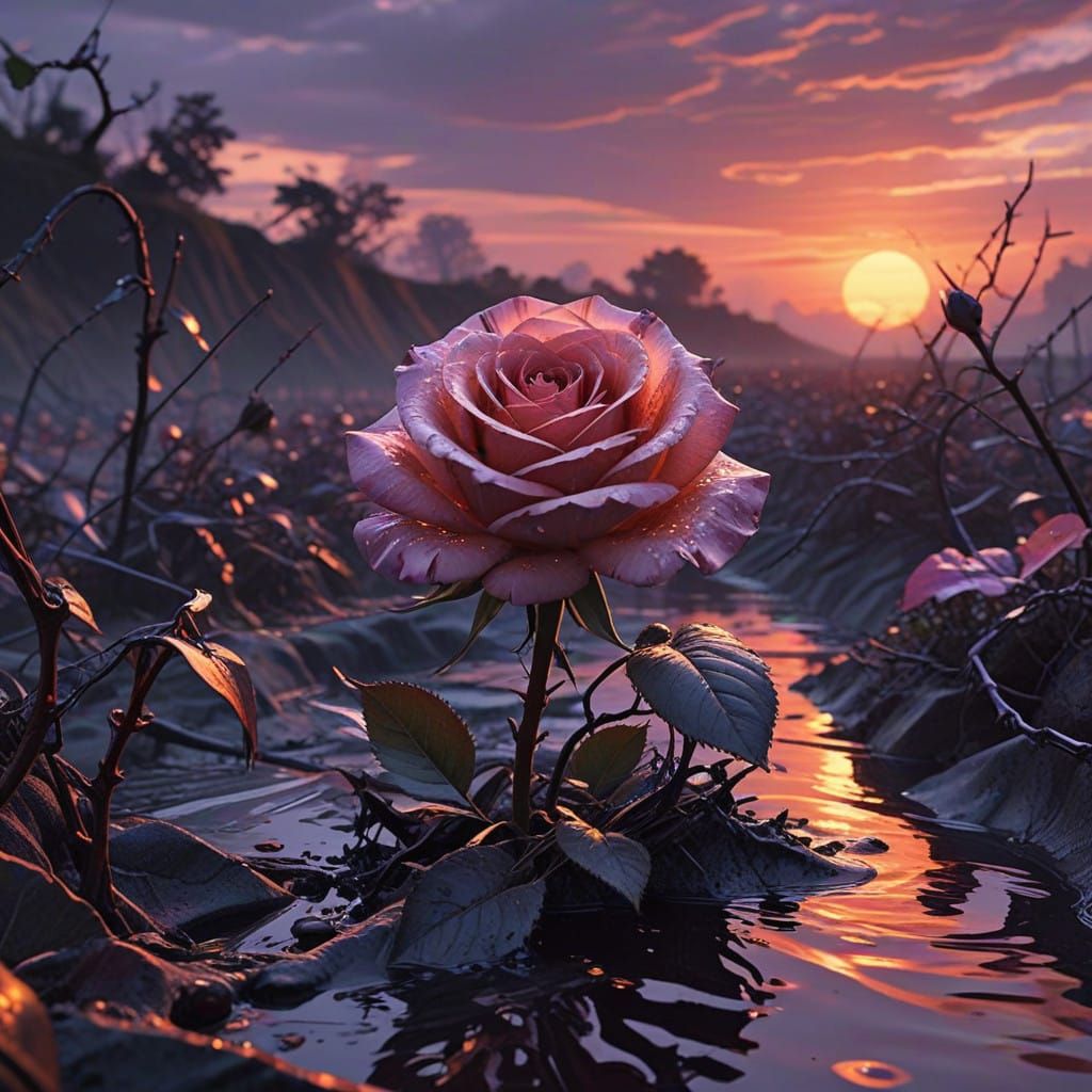 Blood Rose Ascends World War I Battlefield at Dawn