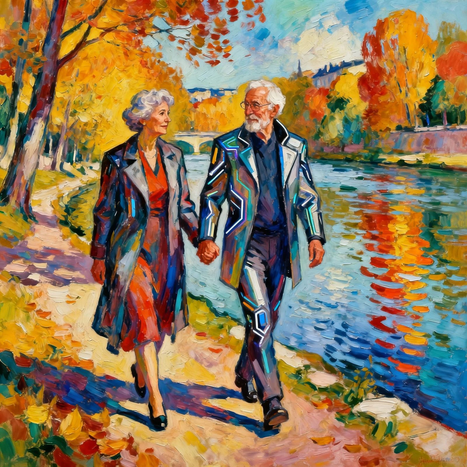 Elderly Couple's Futuristic Autumn Stroll by River