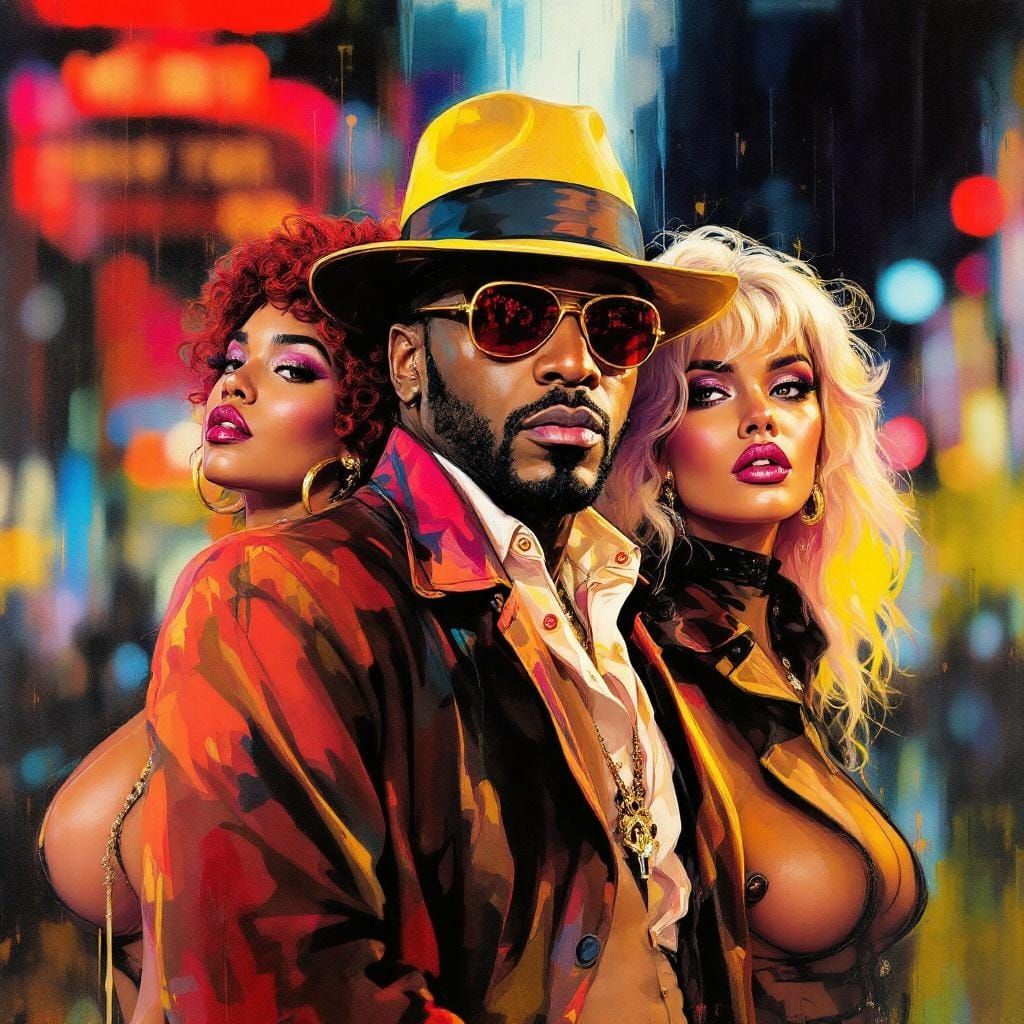 New York Pimp and Ladies in Gouache Style