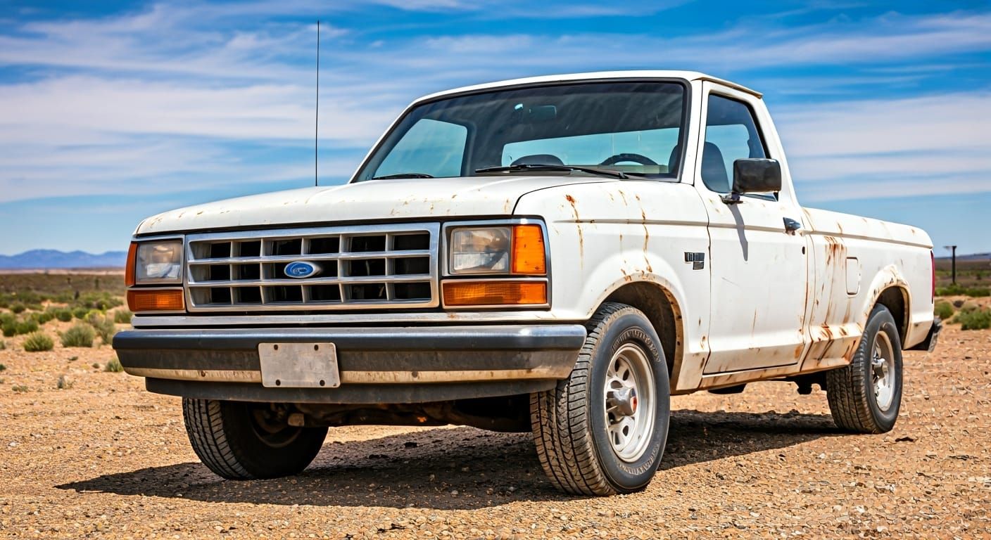 old beat up 1993 Ford Ranger with white paint