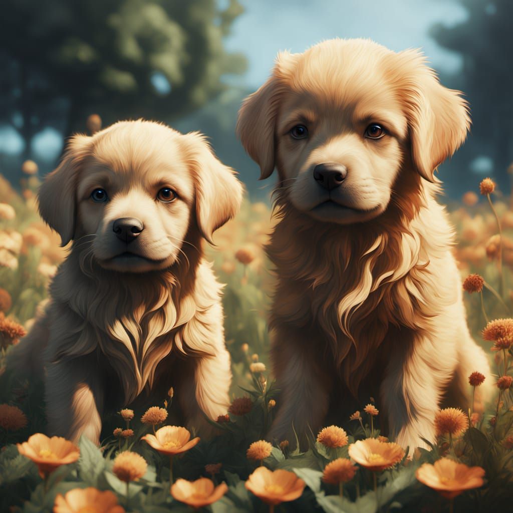 Whimsical Puppies Play on a Lush Meadow in Vibrant Oil Paint...