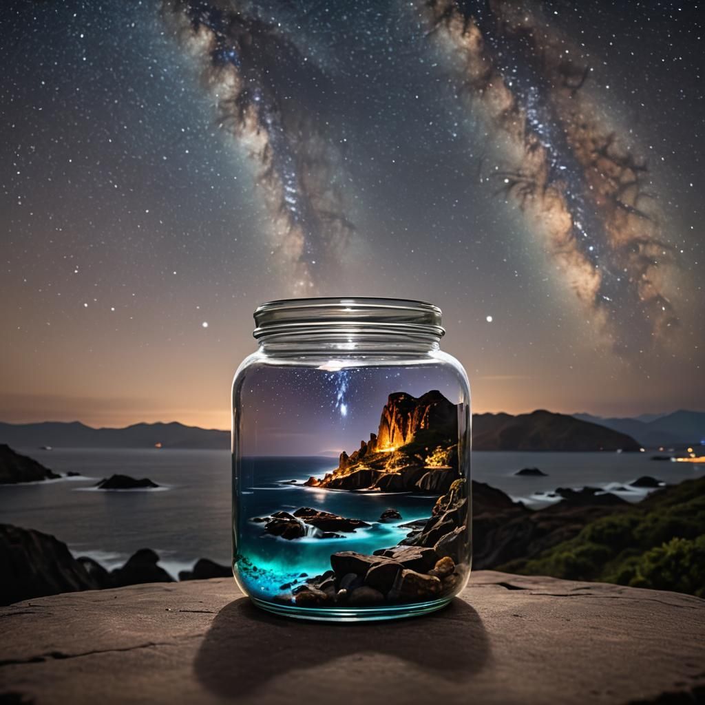 A Majestic Island Scene in a Glass Vessel Under Starry Skies