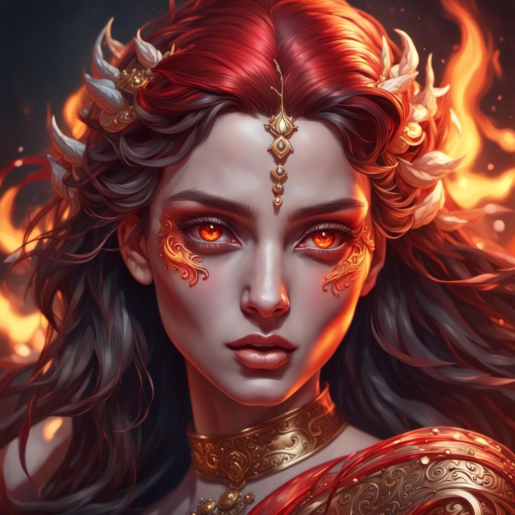 Radiant Fire Queen Portrait in Hyperdetailed Style