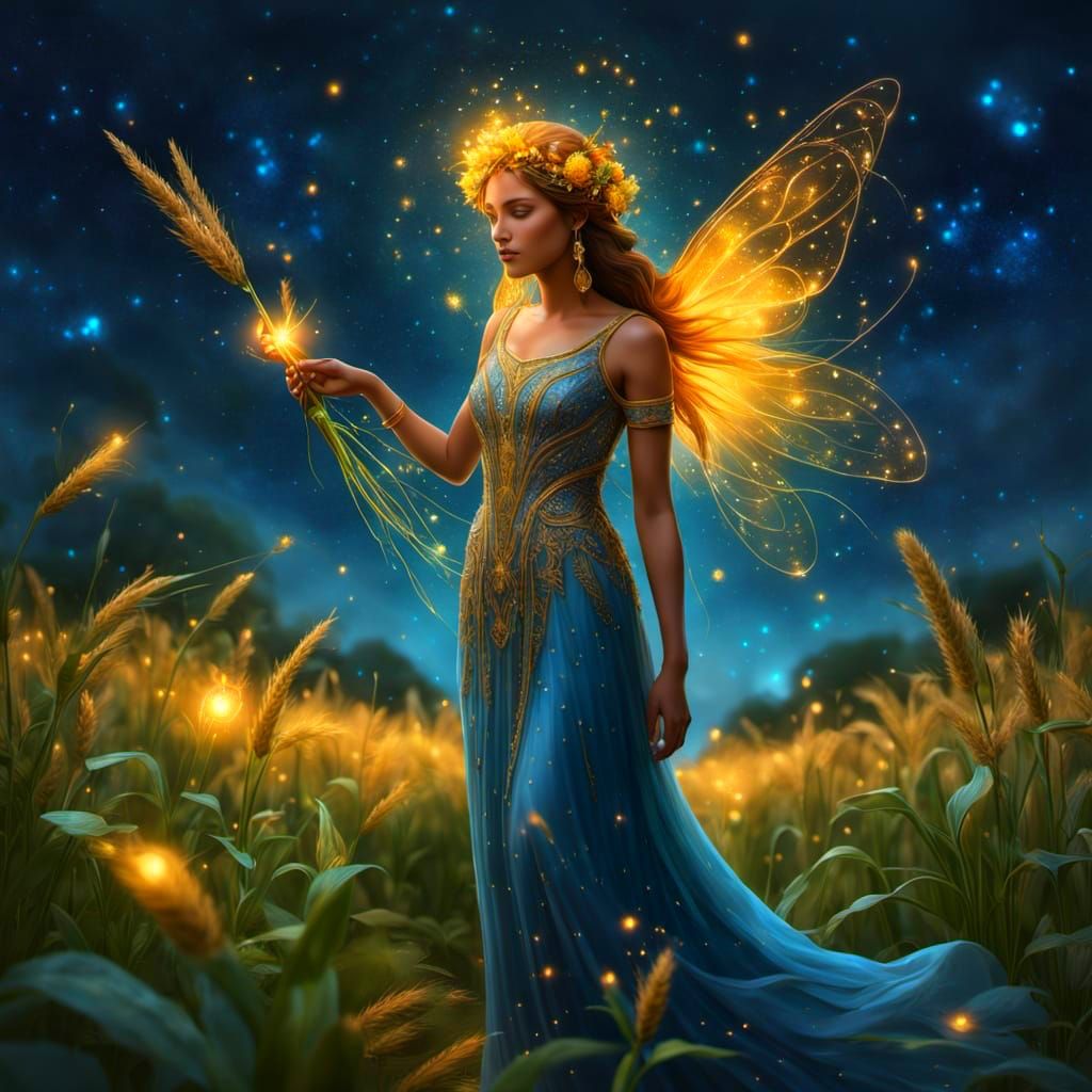 Ethereal Goddess of Harvest and Wisdom in a Celestial Garden