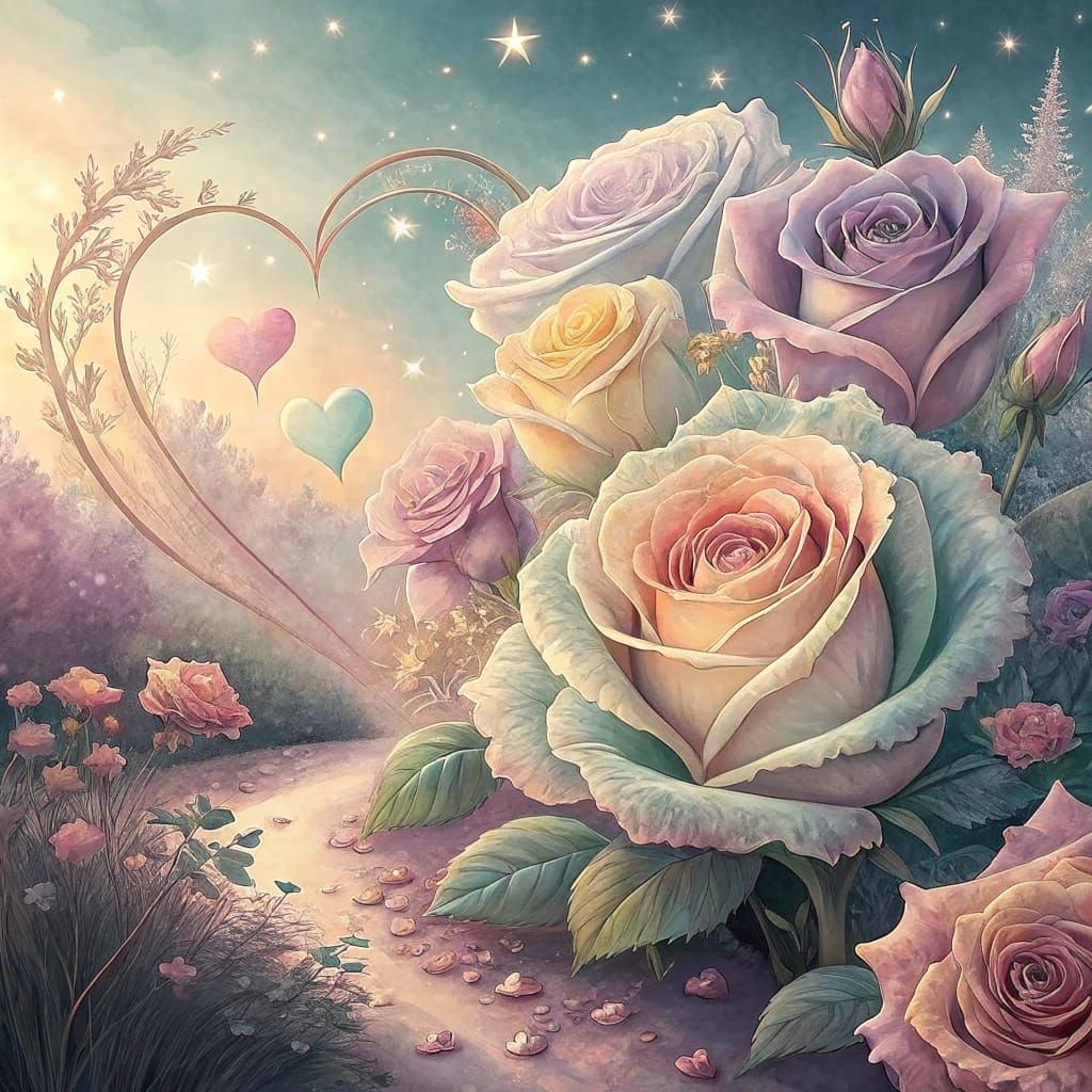 image of pastel rainbow roses and a heart of stars in pastel yellow