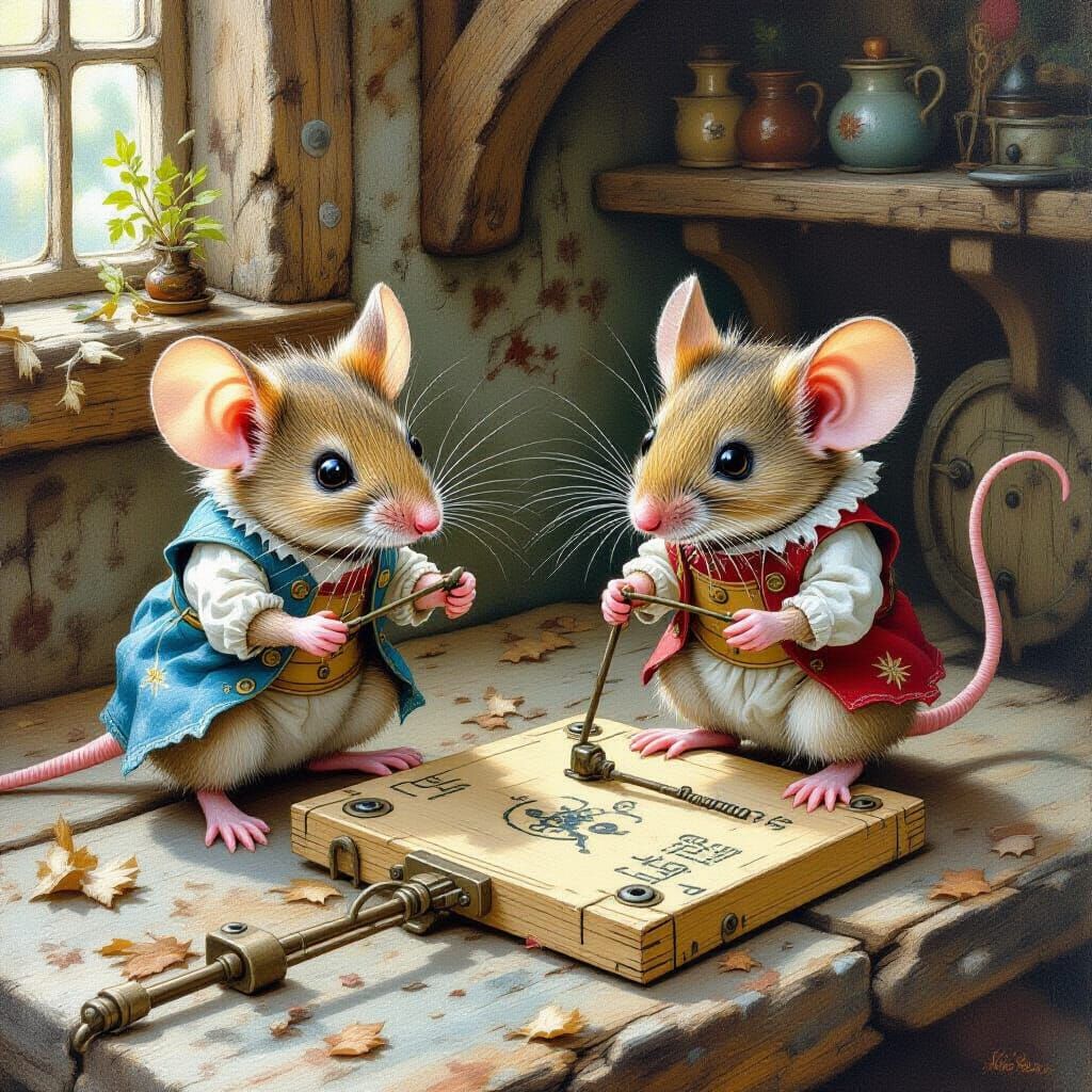 Whimsical Mice Outsmarting Vintage Traps