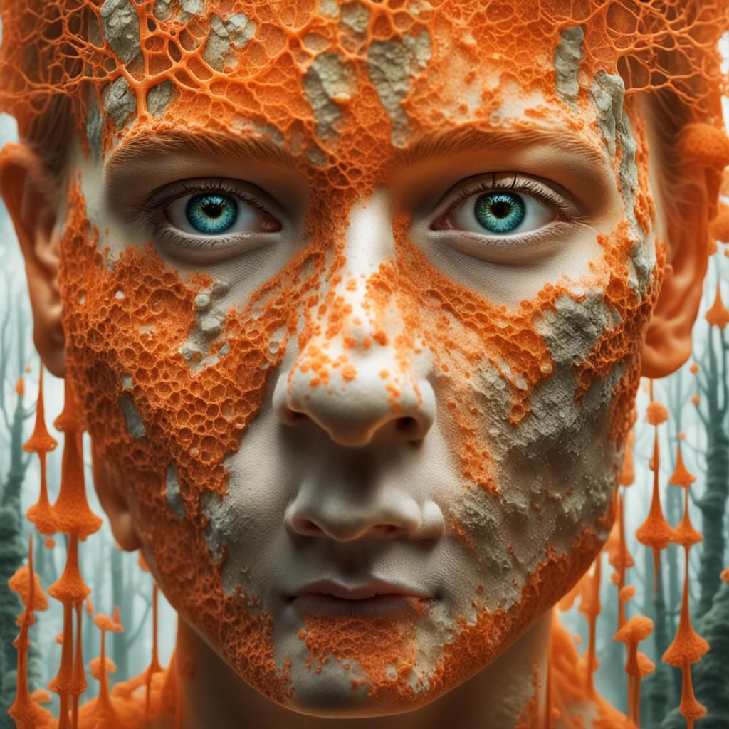 Transhumanist Goddess Awakens in Ethereal Forest Hues