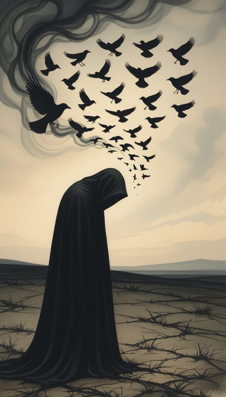 Figure Tormented by Swirling Doubts as Crows