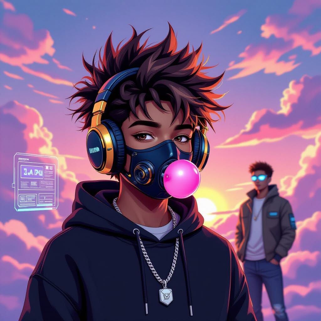 Cyberpunk Character Blowing Bubblegum in Pastel Sky