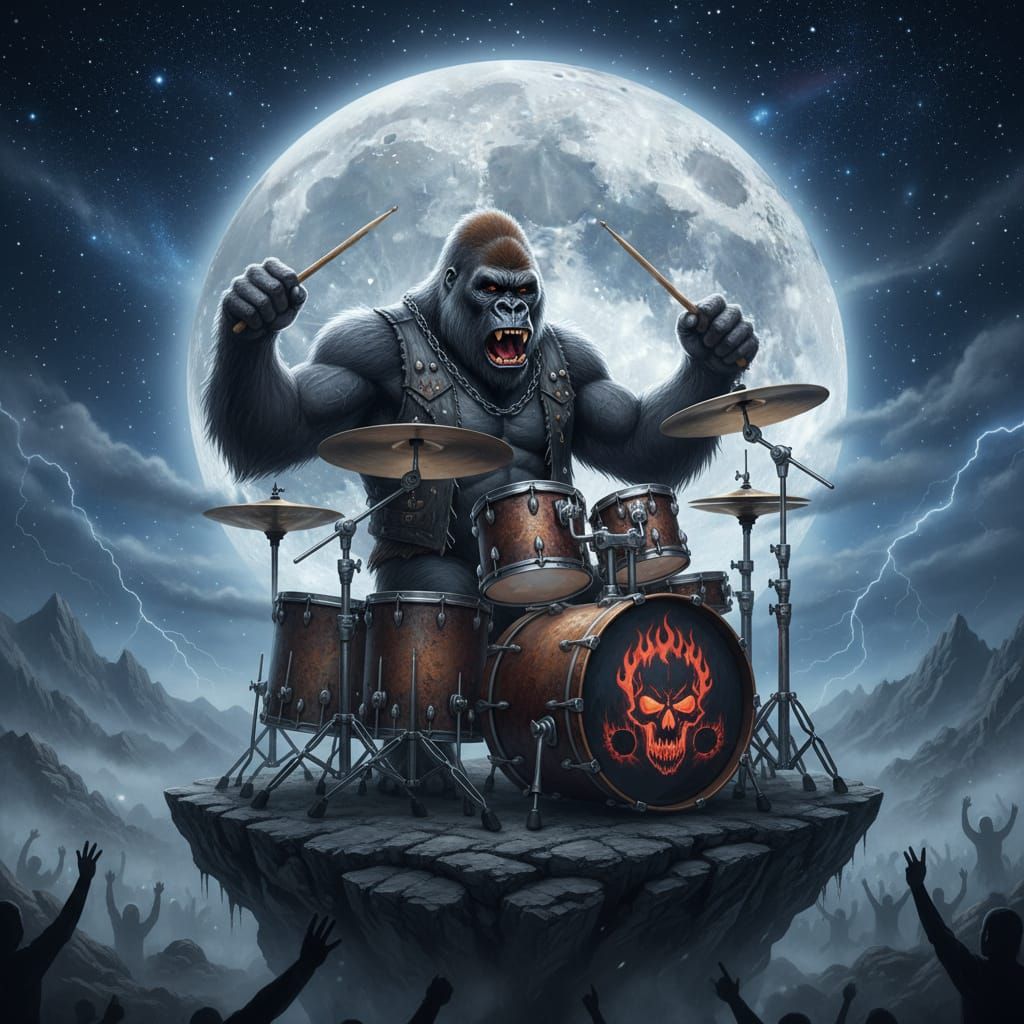 Gorilla Drumming to Heavy Metal Under a Full Moon