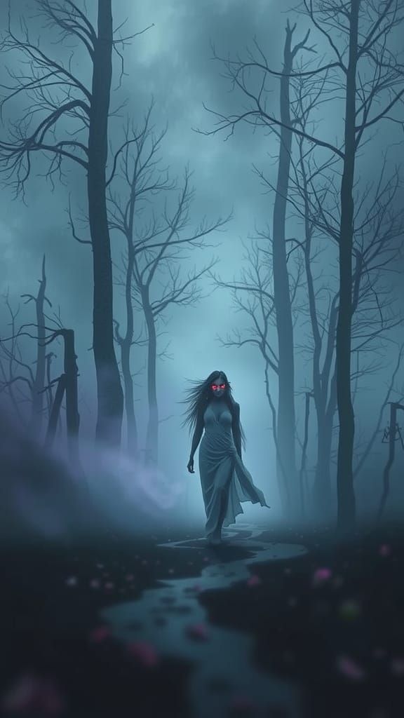 Ethereal Woman Emerges from Misty Twilight