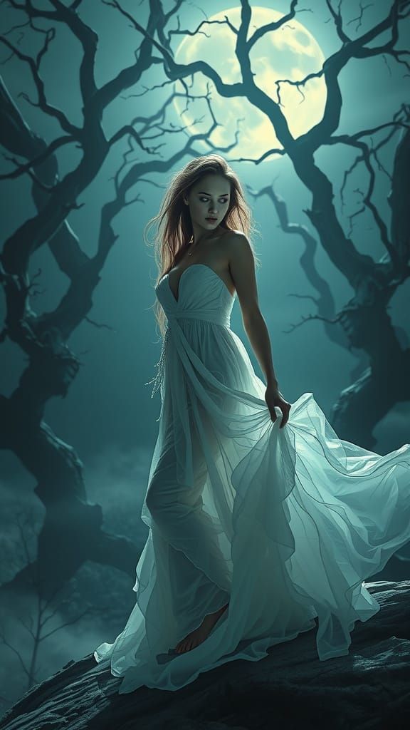 Mystical Woman Emerges from Moonlit Trees