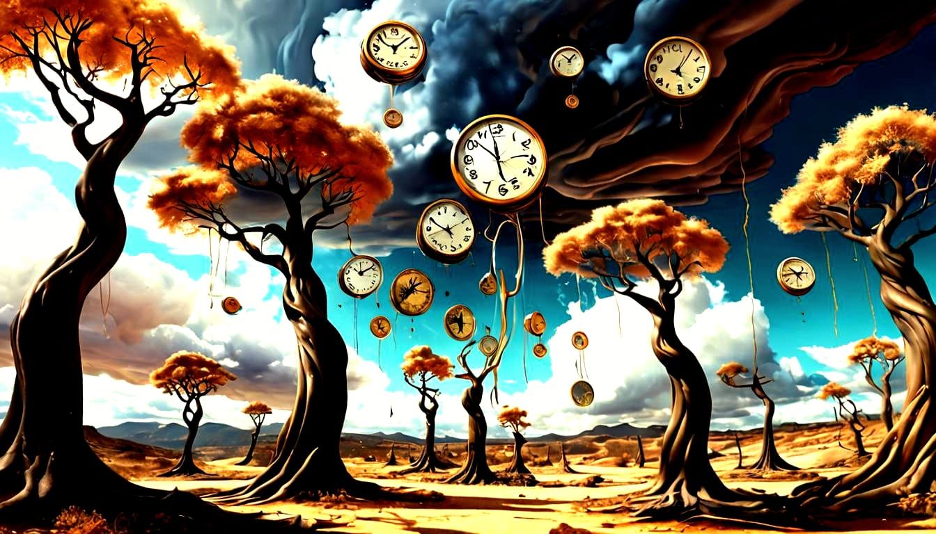 Melting Clocks in a Dreamlike Surrealist Landscape