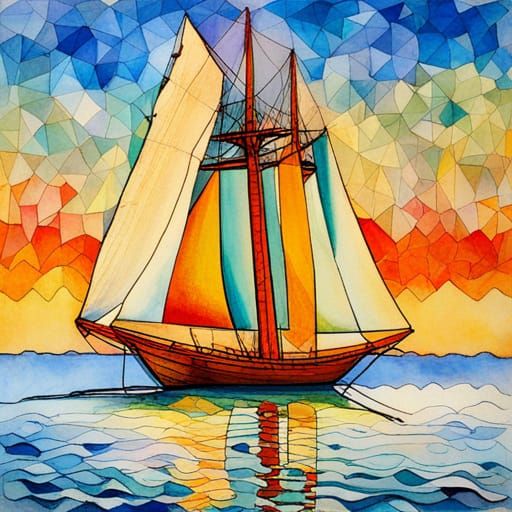 Geometric Sailing Ship Watercolor by Paul Klee