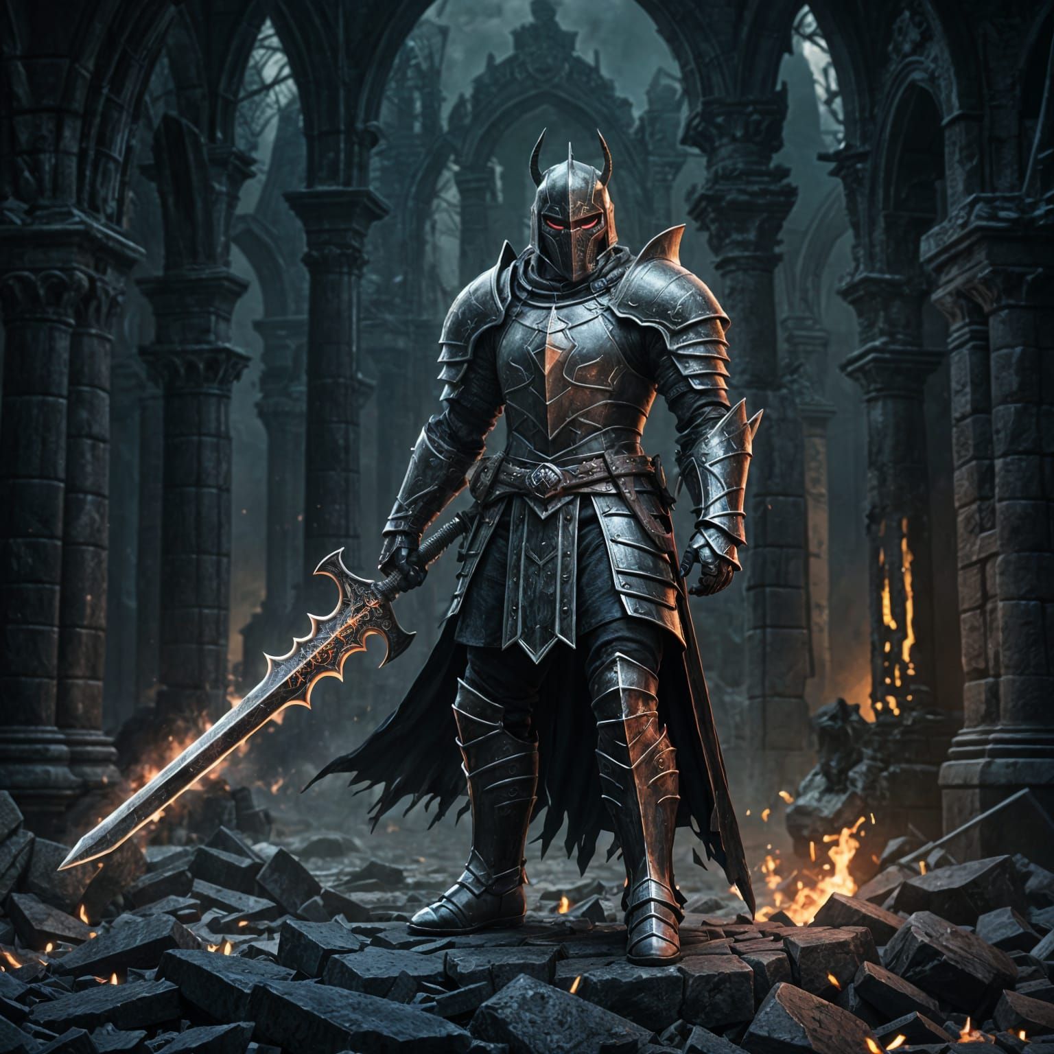 Ominous Demonic Knight with Greatsword in Dark Ruins