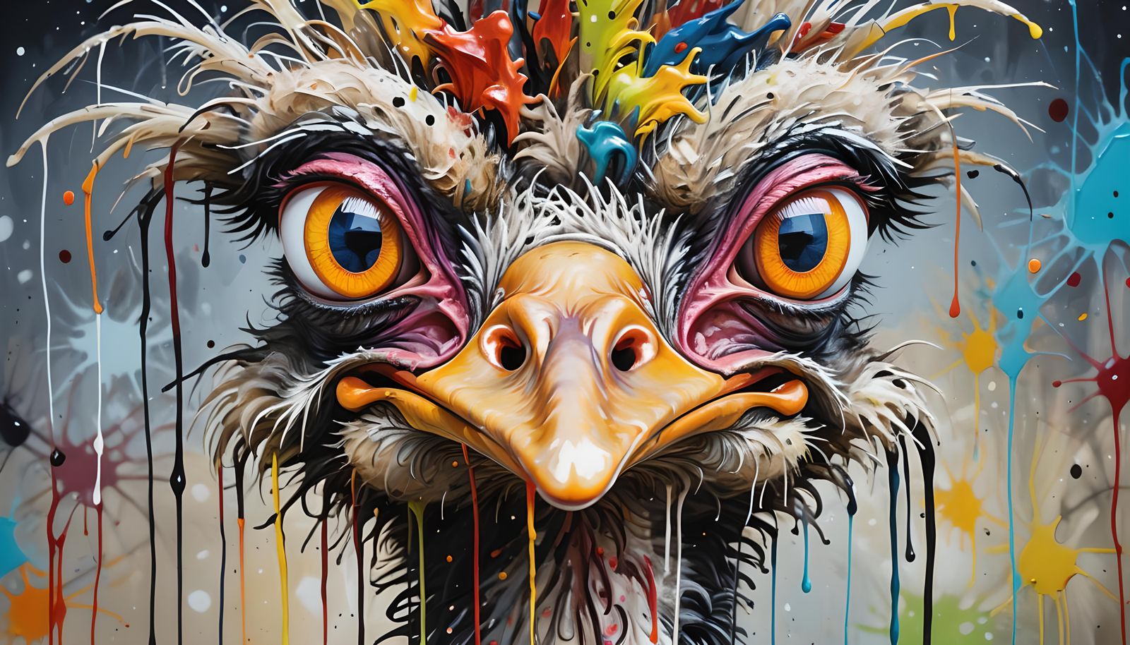 Humorous Haggard Ostrich in Rainstorm: Impasto Painting