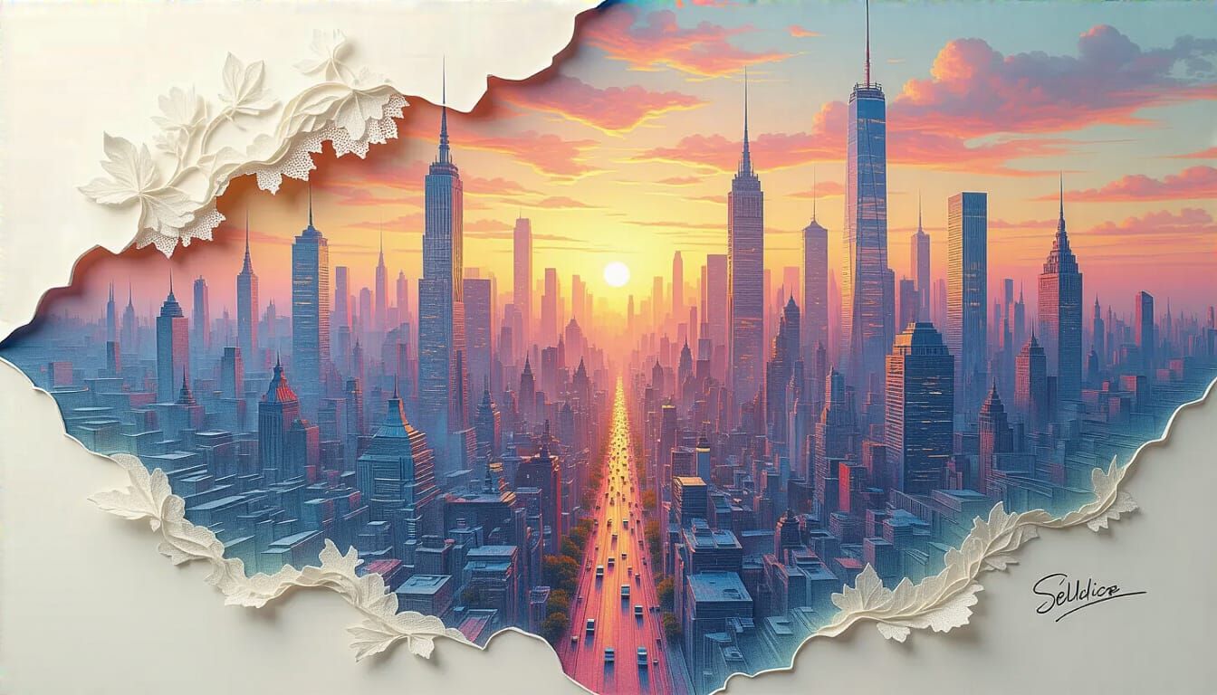 Dreamlike Futuristic Cityscape: Paper Art & Oil Painting Fus...