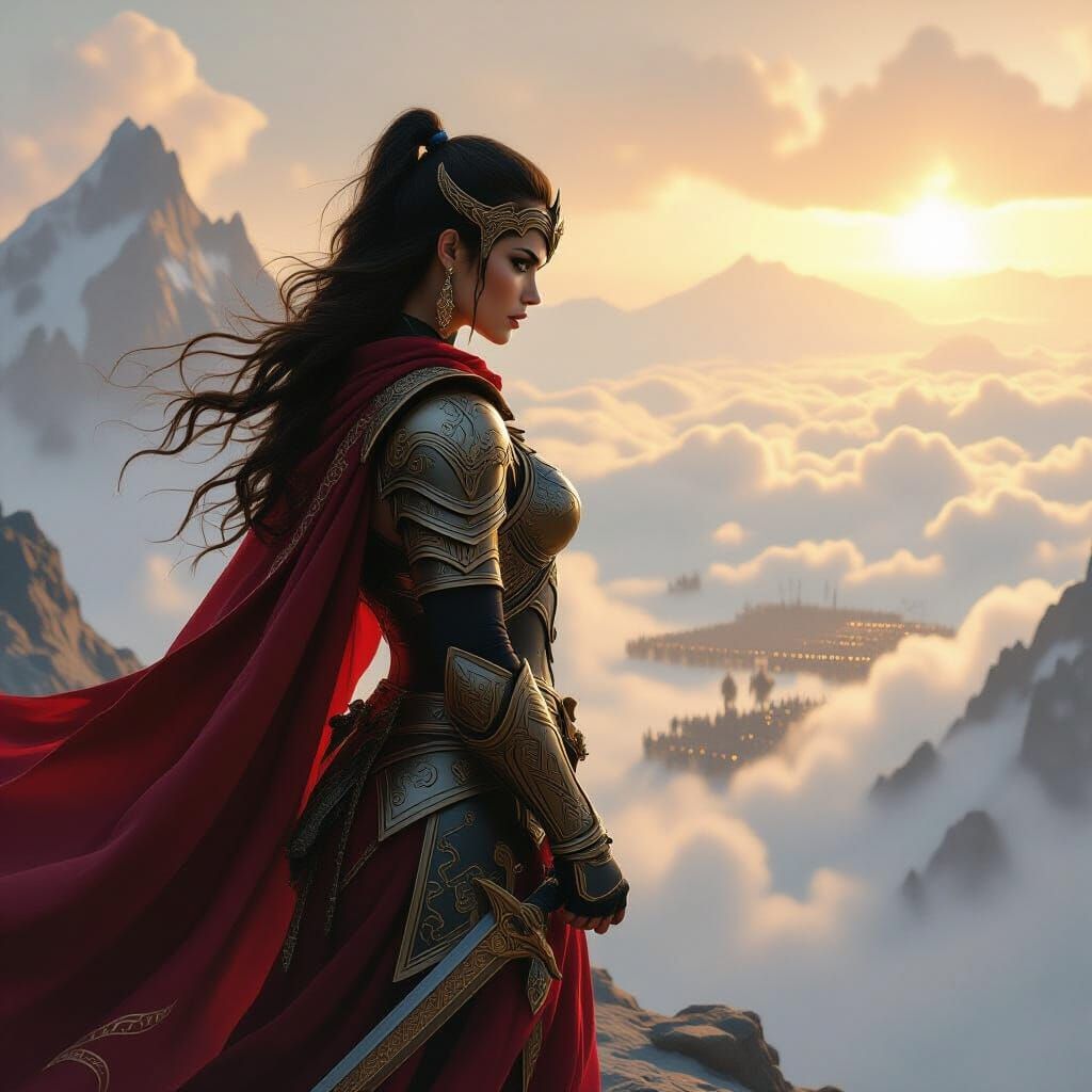 Female Warrior on Mountain Peak in Heroic Realism Style