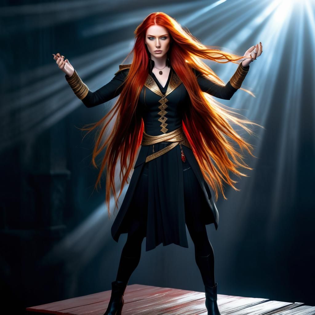 Striking Portrait of Red-Haired Woman with Golden Accents