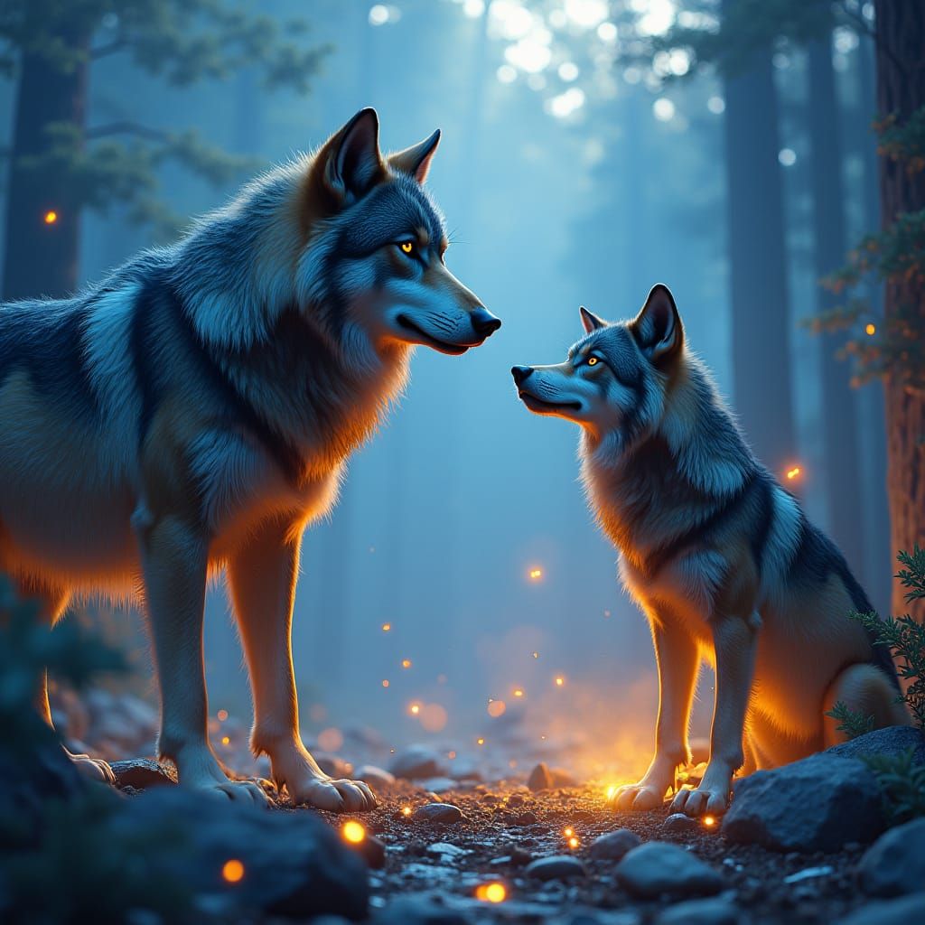 Indigo and Gold Wolves in Mystical Twilight Forest