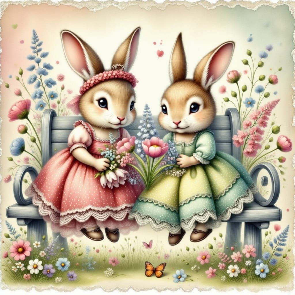 Whimsical Bohemian Bunnies Share Flowers on a Shabby Chic Be...