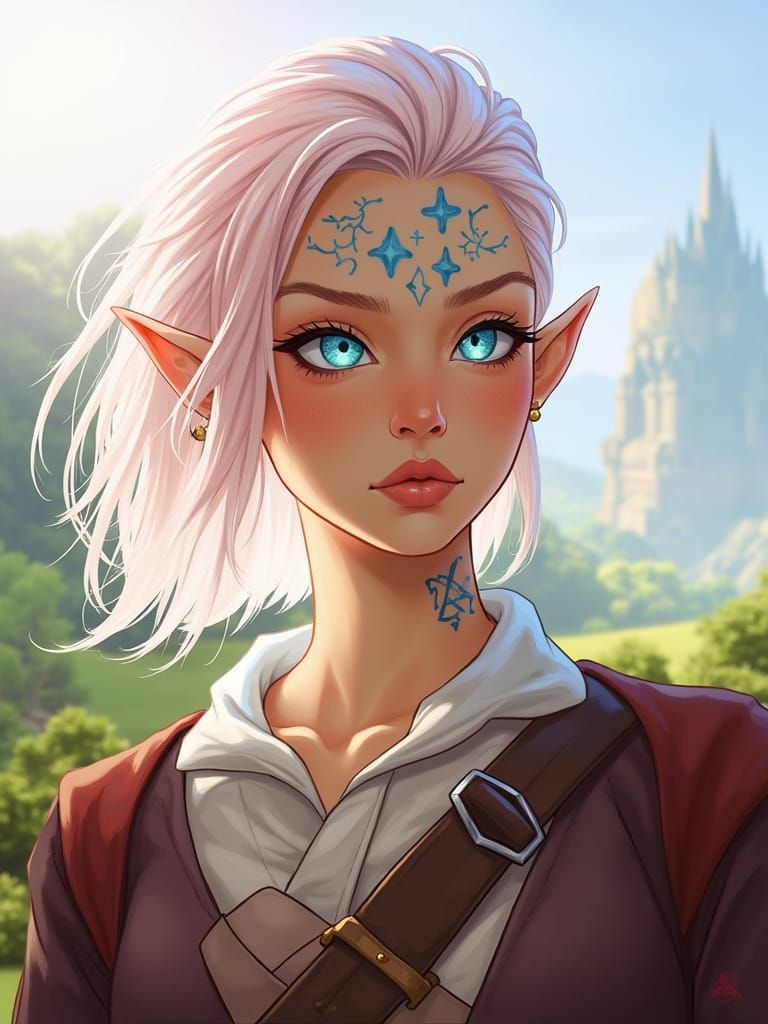 Whimsical Elf Maiden with Vibrant Pink Hair and Celestial Ta...