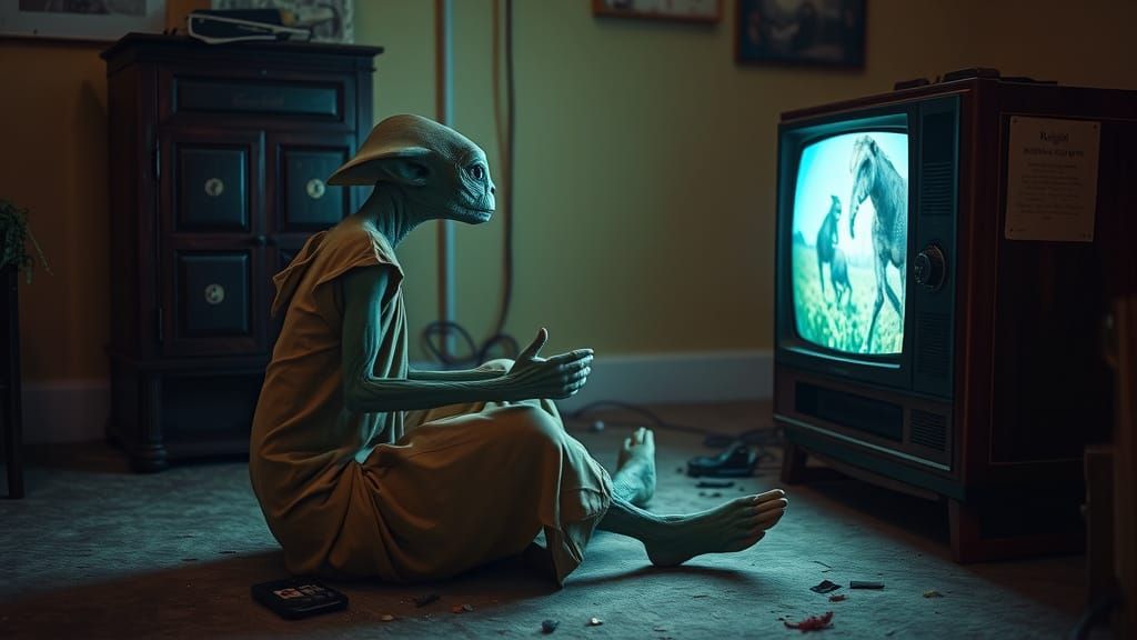 Alien Watches Earth on TV: Cinematic Film Still