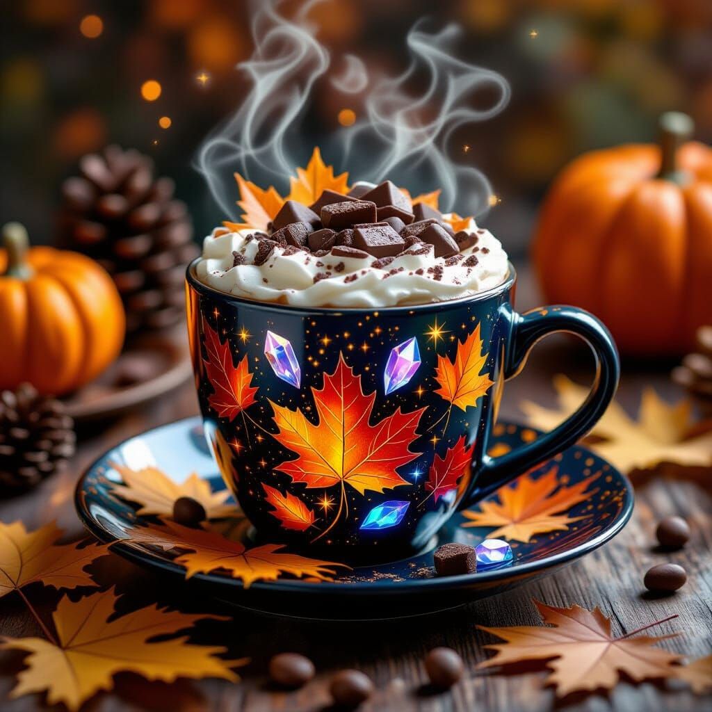 Magical Autumn Coffee with Crystal Cup and Cosmic Illustrati...
