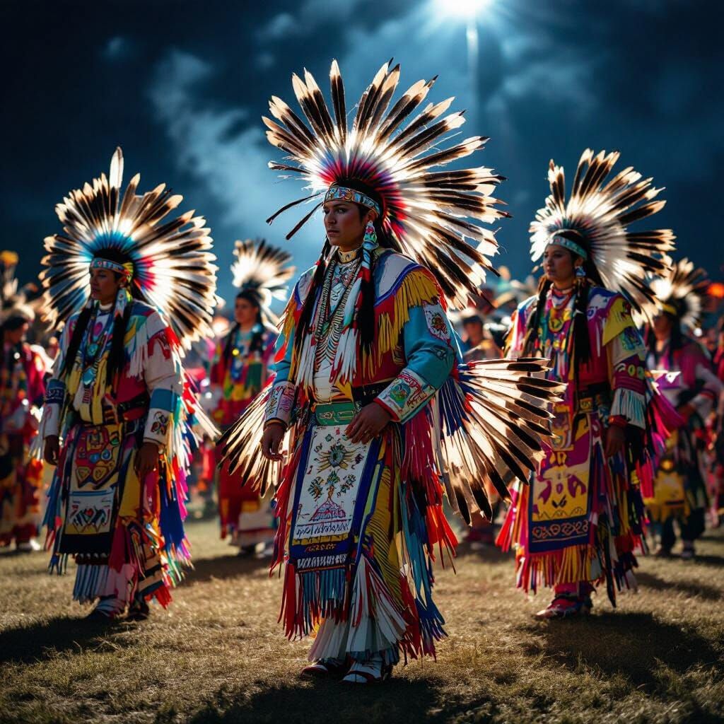 Native American Dancers at Powwow in Dramatic Light