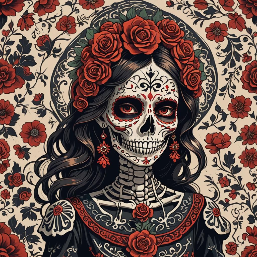 Folk Art Catrina Skeleton in Anime Style