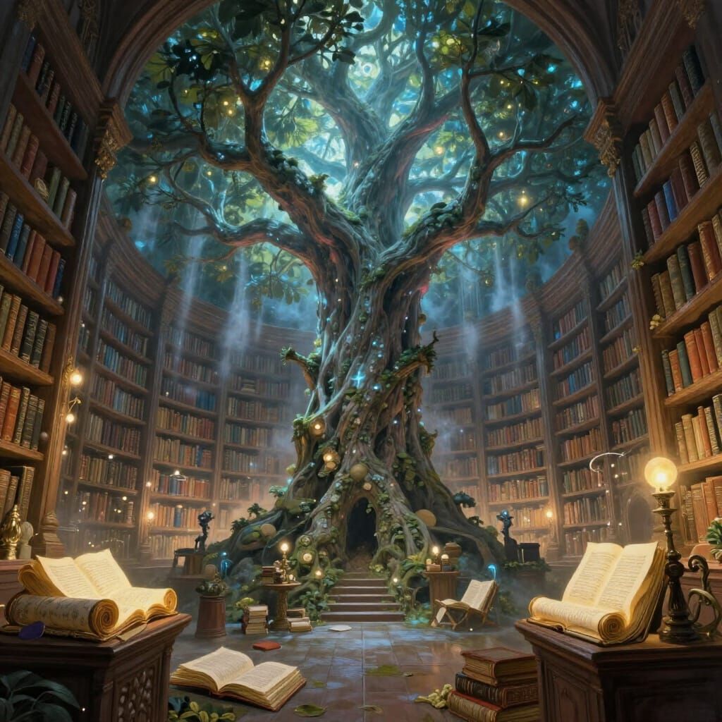 Ancient Library Inside Bioluminescent Tree