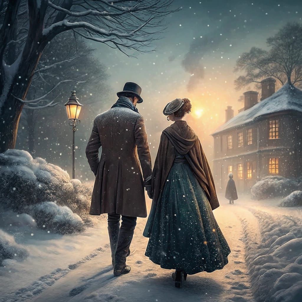 Victorian Era Couple Strolls Through Snowy Landscape in Cine...