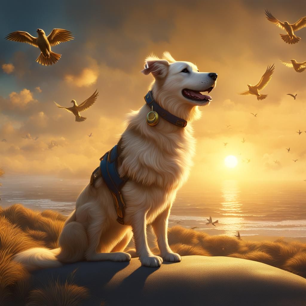 Happy Dog Enjoys Golden Sunset: Detailed Matte Painting