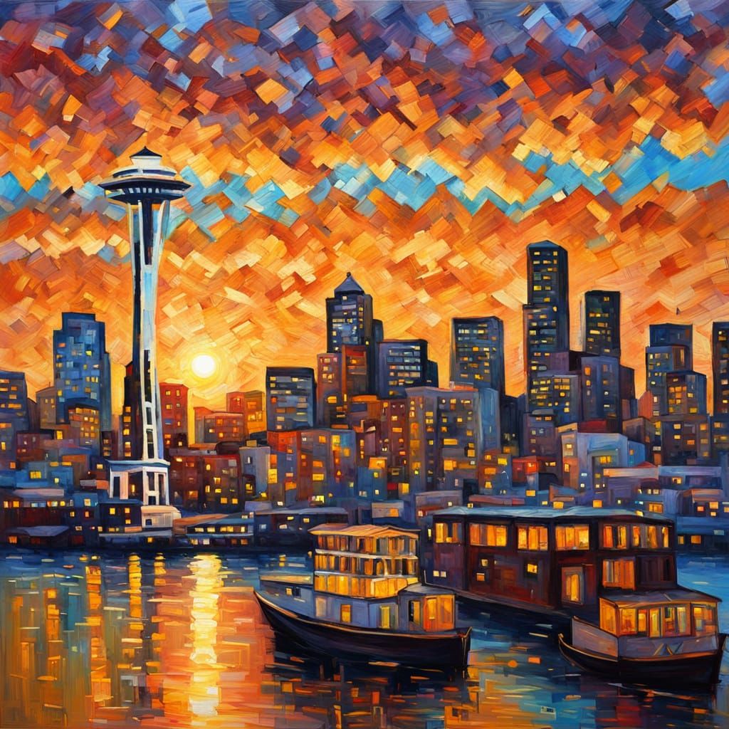 Seattle Cityscape in Neo-Impressionist Style