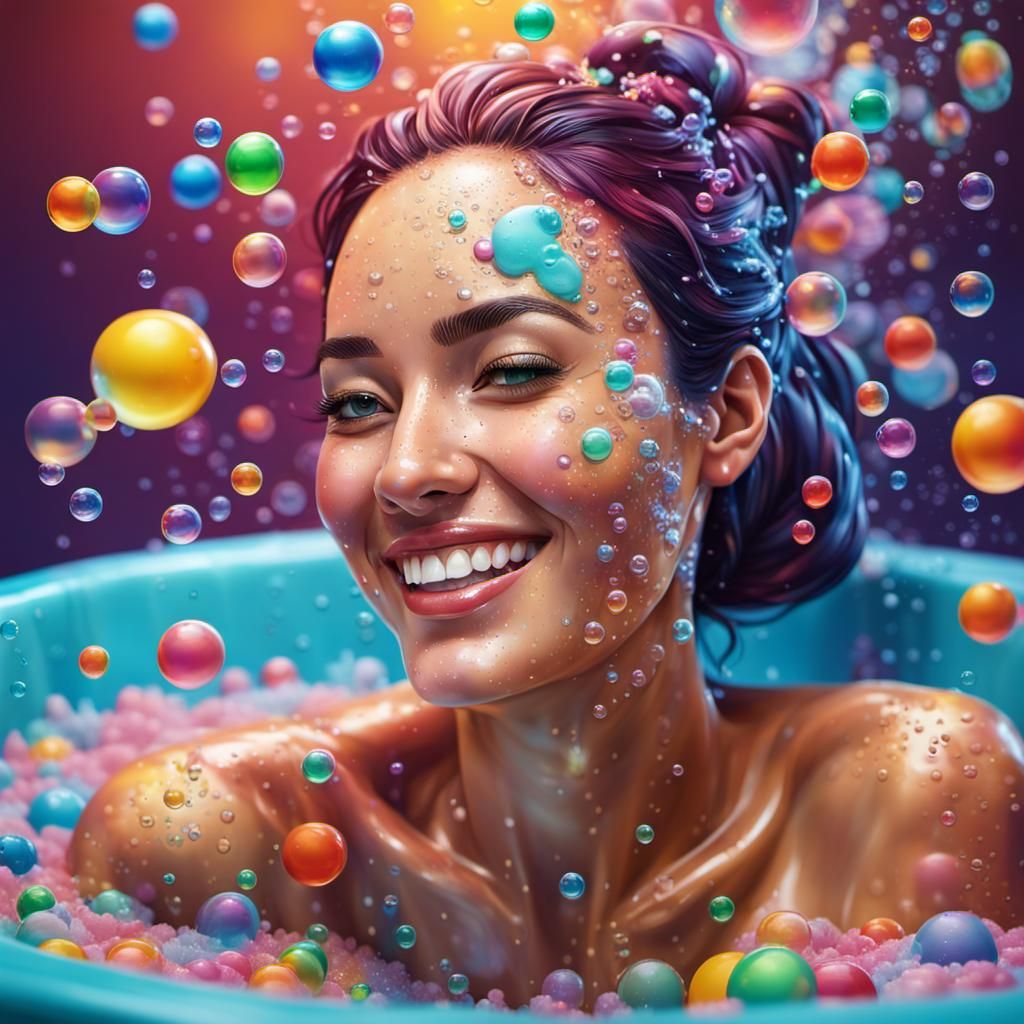 Smiling Girl in Colorful Bubble Bath, Hyperrealistic Art