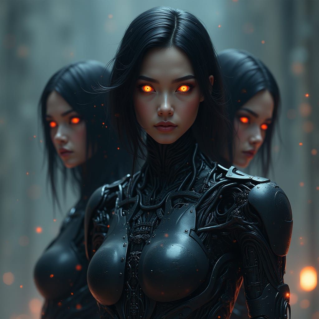 Glowing Star-Eyed Female Cyborgs in Black Steel Armor